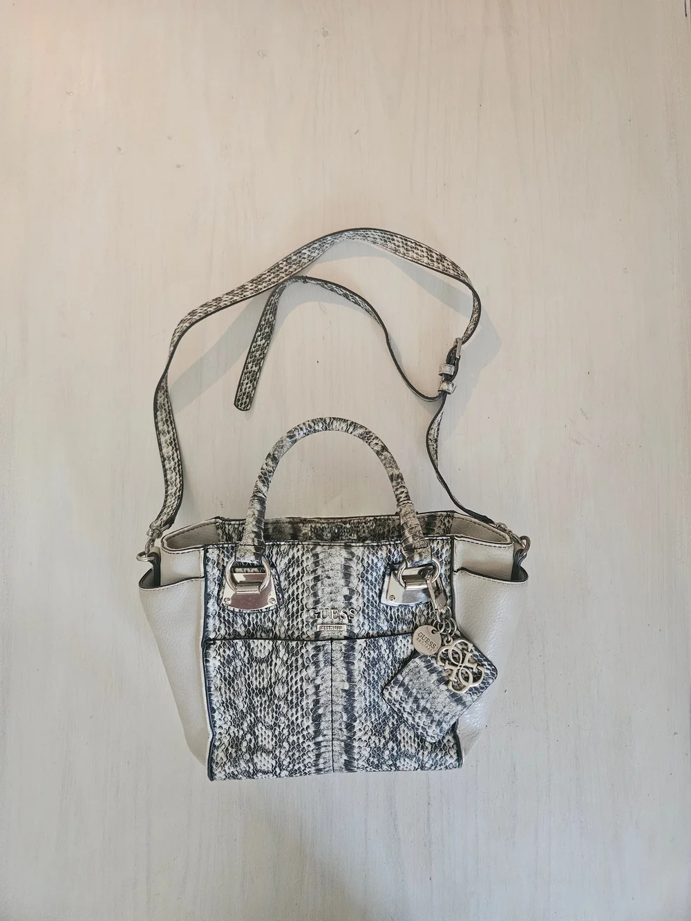 Guess Snake-Print Satchel in White and Black